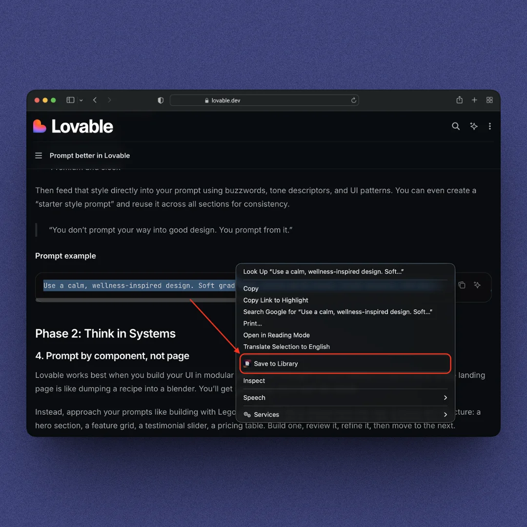 Save selected text to prompt library